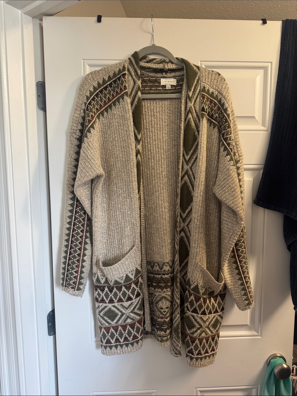 Lucky Brand Beige Open-Front Fair Isle Cardigan with Olive & Brown Accents